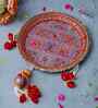 Red Floral Decorative Stainless Steel Karwa Chauth Thali Set with Plate Chalni Lota|Karva Chauth Pooja Thali