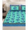 Green Floral 200 TC Cotton Double Queen Sized Bedsheet With 2 Pillow Covers