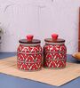Red Jodhpuri Hand Painted Ceramic Jar with Wooden Lid Set of 2