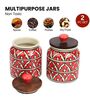 Red Jodhpuri Hand Painted Ceramic Jar with Wooden Lid Set of 2
