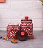 Red Jodhpuri Hand Painted Ceramic Jar with Wooden Lid Set of 2