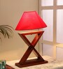 Red Shade Table Lamp With Wood Base