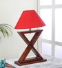Red Shade Table Lamp With Wood Base