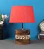 Red Shade Table Lamp With Brown & Off White Wood Base