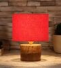 Red Shade Table Lamp With Wood Base