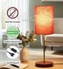 Red Texture Cylinder Fabric Shade Table Lamp, Brown Wooden Base Bedside & Desk Light for Bedroom, Living Room & Home Decor