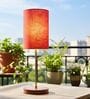 Red Texture Cylinder Fabric Shade Table Lamp, Brown Wooden Base Bedside & Desk Light for Bedroom, Living Room & Home Decor