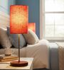 Red Texture Cylinder Fabric Shade Table Lamp, Brown Wooden Base Bedside & Desk Light for Bedroom, Living Room & Home Decor