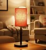 Red Texture Cylinder Fabric Shade Table Lamp, Minimalist Bedside Lamp with Metal Base for Bedroom, Living Room & Study