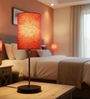 Red Texture Cylinder Fabric Shade with Modern Silver & Black Table Lamp for Bedroom & Living Room