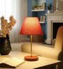Red Texture Fabric Shade Table Lamp, Brown Wooden Base Bedside & Desk Light for Bedroom, Living Room & Home Decor