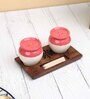 Red White Handi Ceramic Salt n pepper & Wooden Toothpick Tray Holder