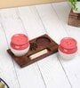 Red White Handi Ceramic Salt n pepper & Wooden Toothpick Tray Holder
