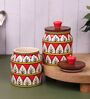 Red White Jodhpuri Hand Painted Ceramic Jar with Wooden Lid Set of 2