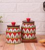 Red White Jodhpuri Hand Painted Ceramic Jar with Wooden Lid Set of 2