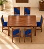 Rekha 6 Seater Dining Set In Provincial Teak Finish With Navy Blue Colour Chair Rekha 6 Seater Dining Set In Provincial Teak Finish With Navy Blue Colour Chair