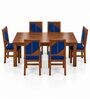 Rekha 6 Seater Dining Set In Provincial Teak Finish With Navy Blue Colour Chair Rekha 6 Seater Dining Set In Provincial Teak Finish With Navy Blue Colour Chair