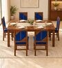 Rekha 6 Seater Dining Set In Provincial Teak Finish With Navy Blue Colour Chair Rekha 6 Seater Dining Set In Provincial Teak Finish With Navy Blue Colour Chair