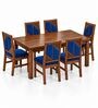 Rekha 6 Seater Dining Set In Provincial Teak Finish With Navy Blue Colour Chair Rekha 6 Seater Dining Set In Provincial Teak Finish With Navy Blue Colour Chair