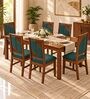 Rekha 6 Seater Dining Set In Provincial Teak Finish With Teal Green Colour Chair Rekha 6 Seater Dining Set In Provincial Teak Finish With Teal Green Colour Chair
