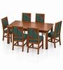 Rekha 6 Seater Dining Set In Provincial Teak Finish With Teal Green Colour Chair Rekha 6 Seater Dining Set In Provincial Teak Finish With Teal Green Colour Chair