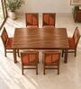 Rekha 6 Seater Dining Set In Provincial Teak Finish With Terracotta Orange Colour Chair Rekha 6 Seater Dining Set In Provincial Teak Finish With Terracotta Orange Colour Chair