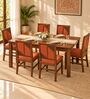 Rekha 6 Seater Dining Set In Provincial Teak Finish With Terracotta Orange Colour Chair Rekha 6 Seater Dining Set In Provincial Teak Finish With Terracotta Orange Colour Chair