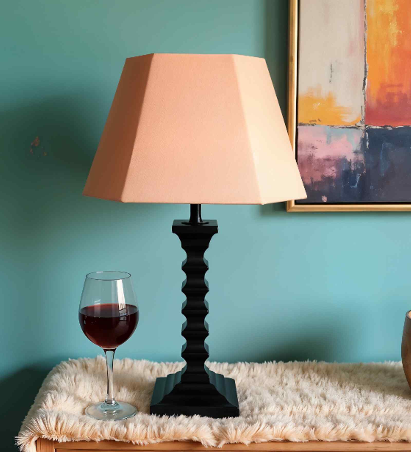 Sculpted Wooden Table Lamp with Cotton Linen Amber Shade