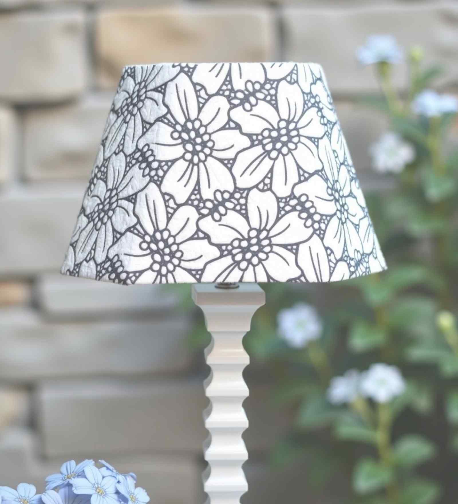 Sculpted Wooden Table Lamp with Grey Embossed Fabric Shade