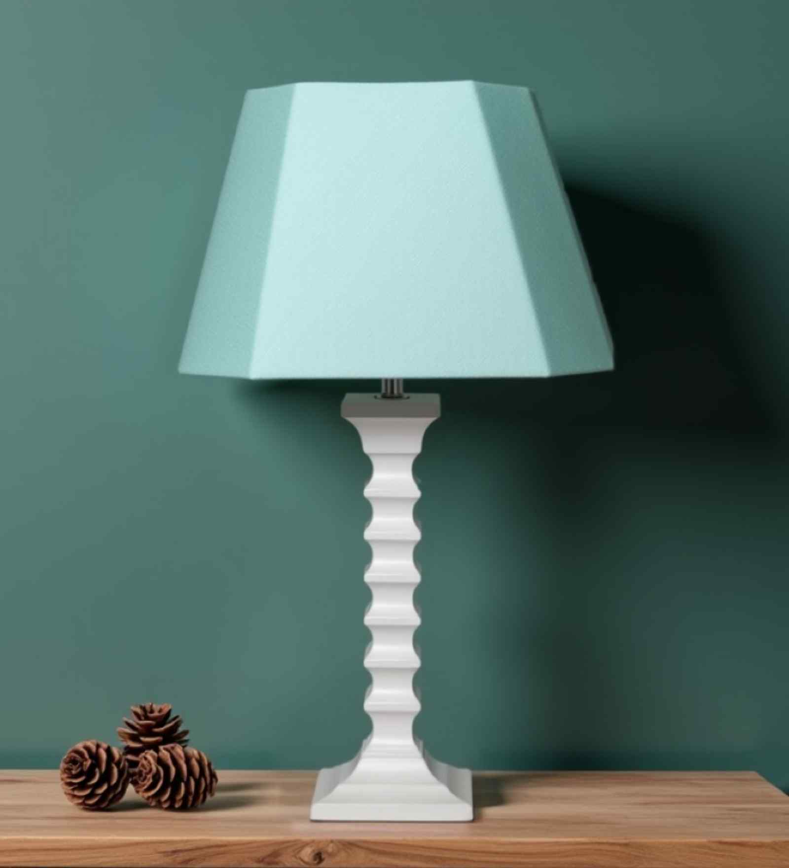 Sculpted Wooden Table Lamp with Cotton Linen Turquiose Shade