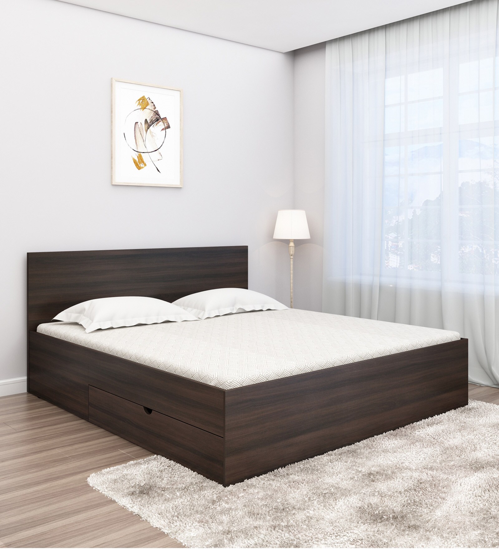 Rhino Queen Size Bed in Dark Wallnut Finish with Drawer Storage