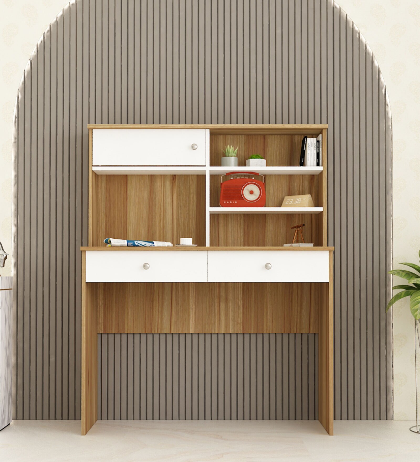 Rhino Hutch Desk in Lyon Teak & White Colour