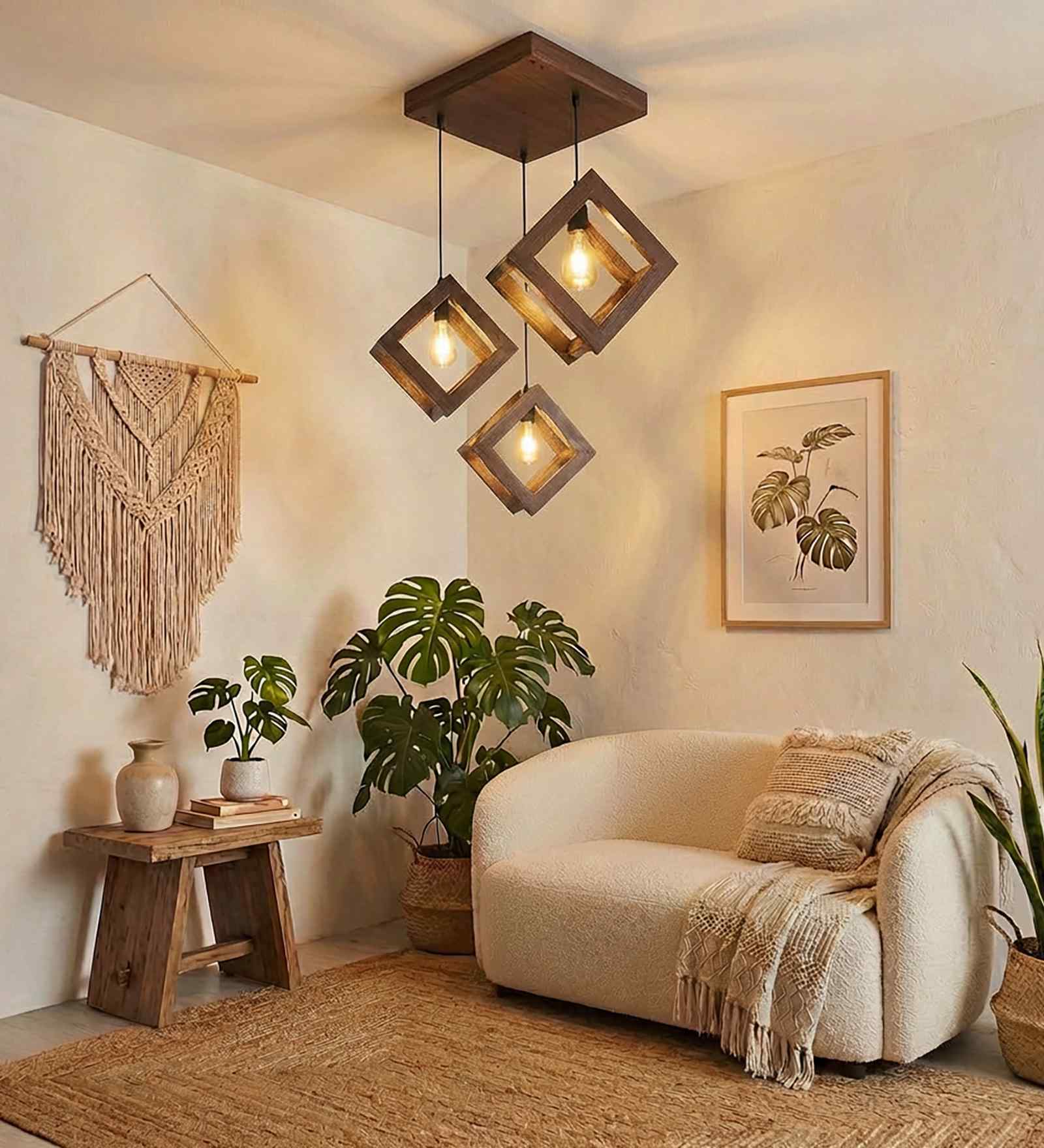 Rhombus Brown Solid Wood Cluster Hanging Light