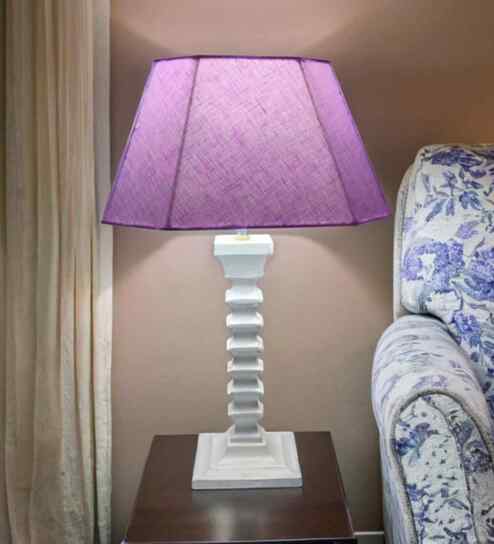 Sculpted Wooden Table Lamp with Cotton Linen Lavender Shade