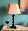 Sculpted Wooden Table Lamp with Cotton Linen Amber Shade