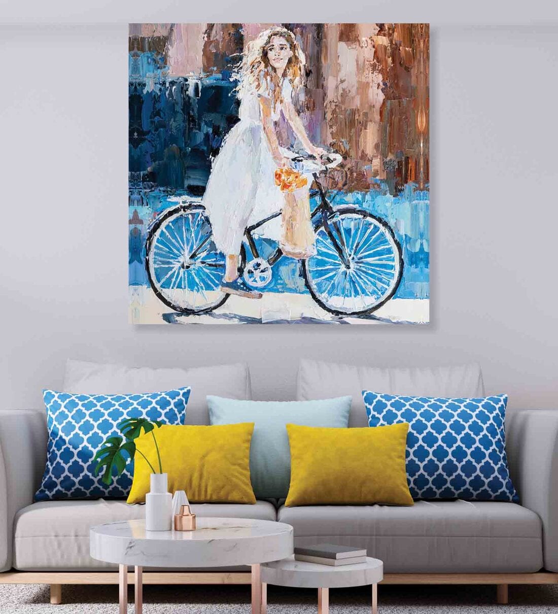 Riding Bicycle Multicolour Canvas Unframed Wall Painting