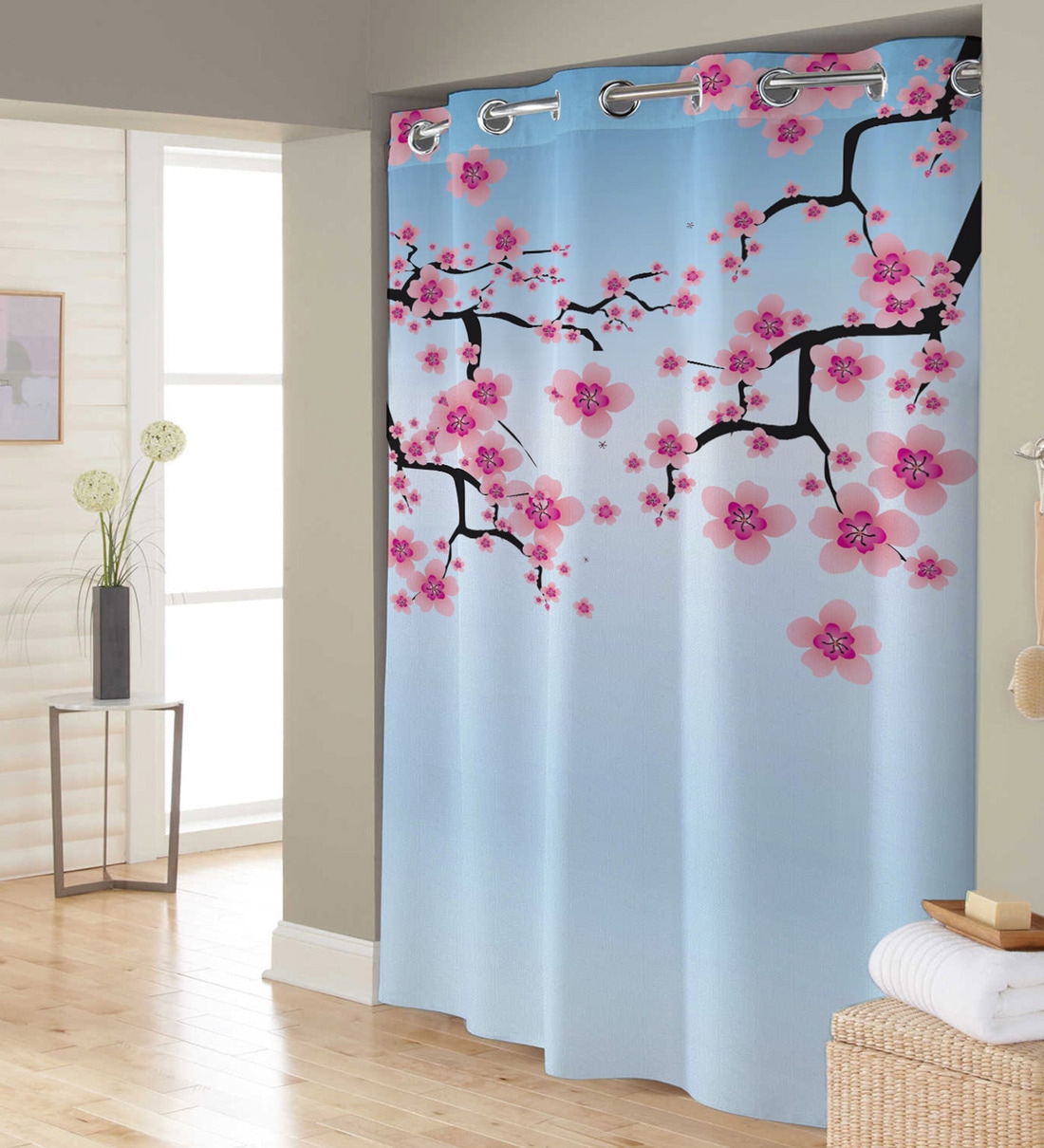 Buy Blue & Pink Polyester Shower Curtain (Length 84, Width 48 Inches