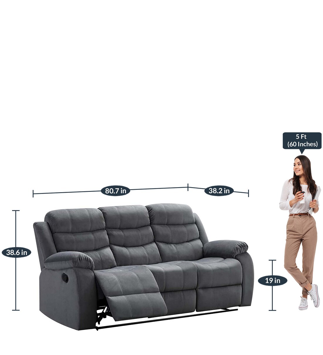 Buy Rio 3 Seater Manual Recliner in Grey Colour by Bantia Furniture