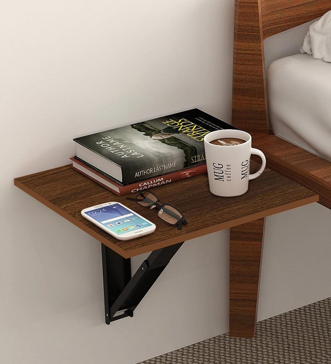 Wall mounted folding bedside outlet table