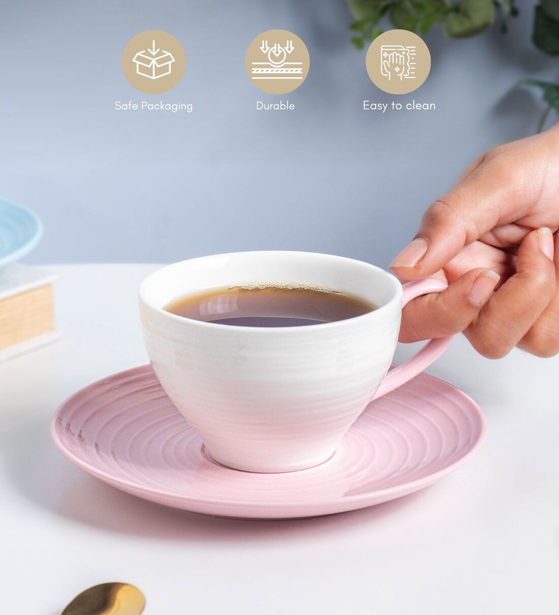 Buy Riona 150ml White & Pink Ceramic (Set of 2) Tea Cup & Saucer