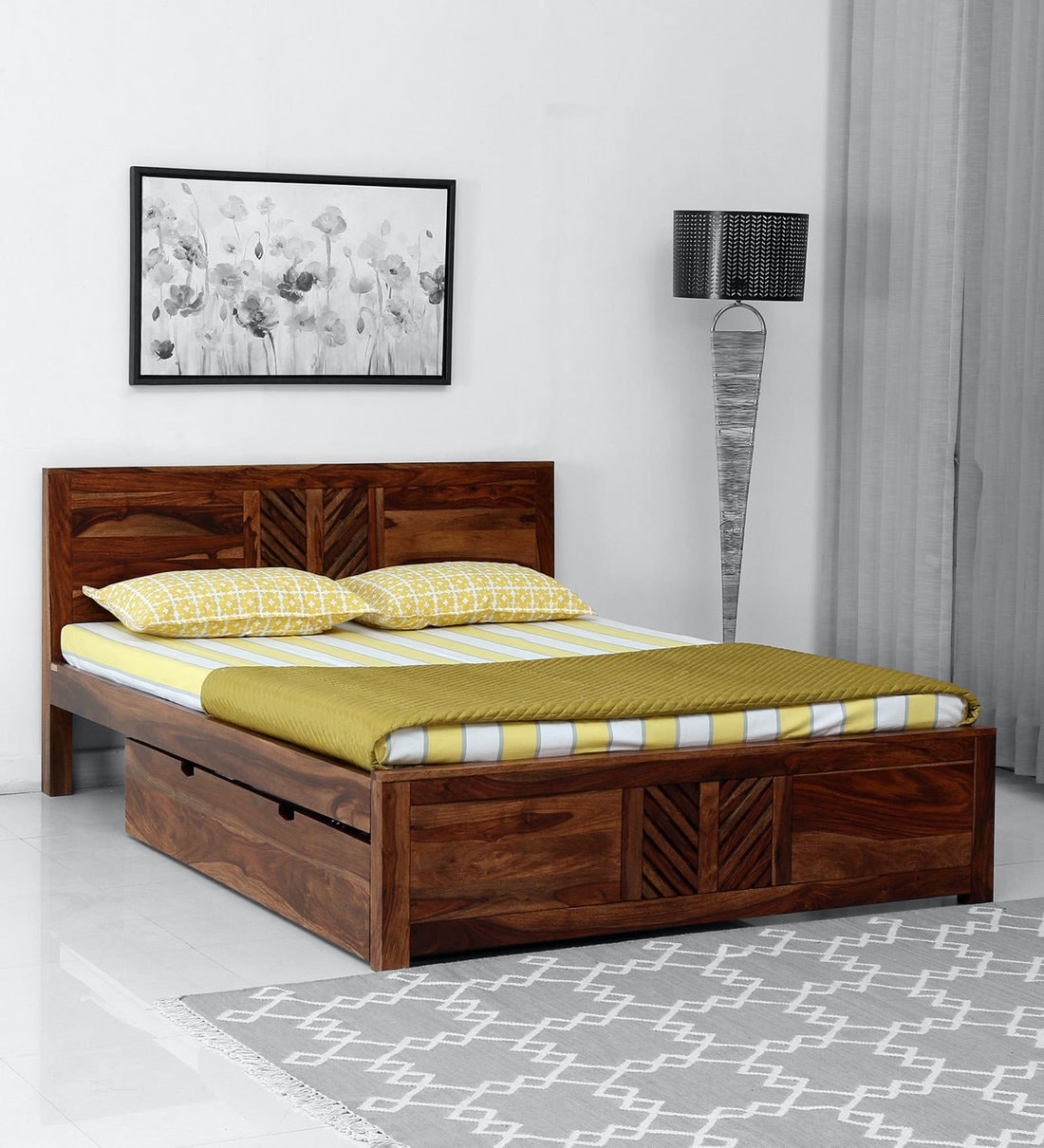 Buy Ritz Solid Wood Queen Size Bed With Drawer Storage In Rustic Teak