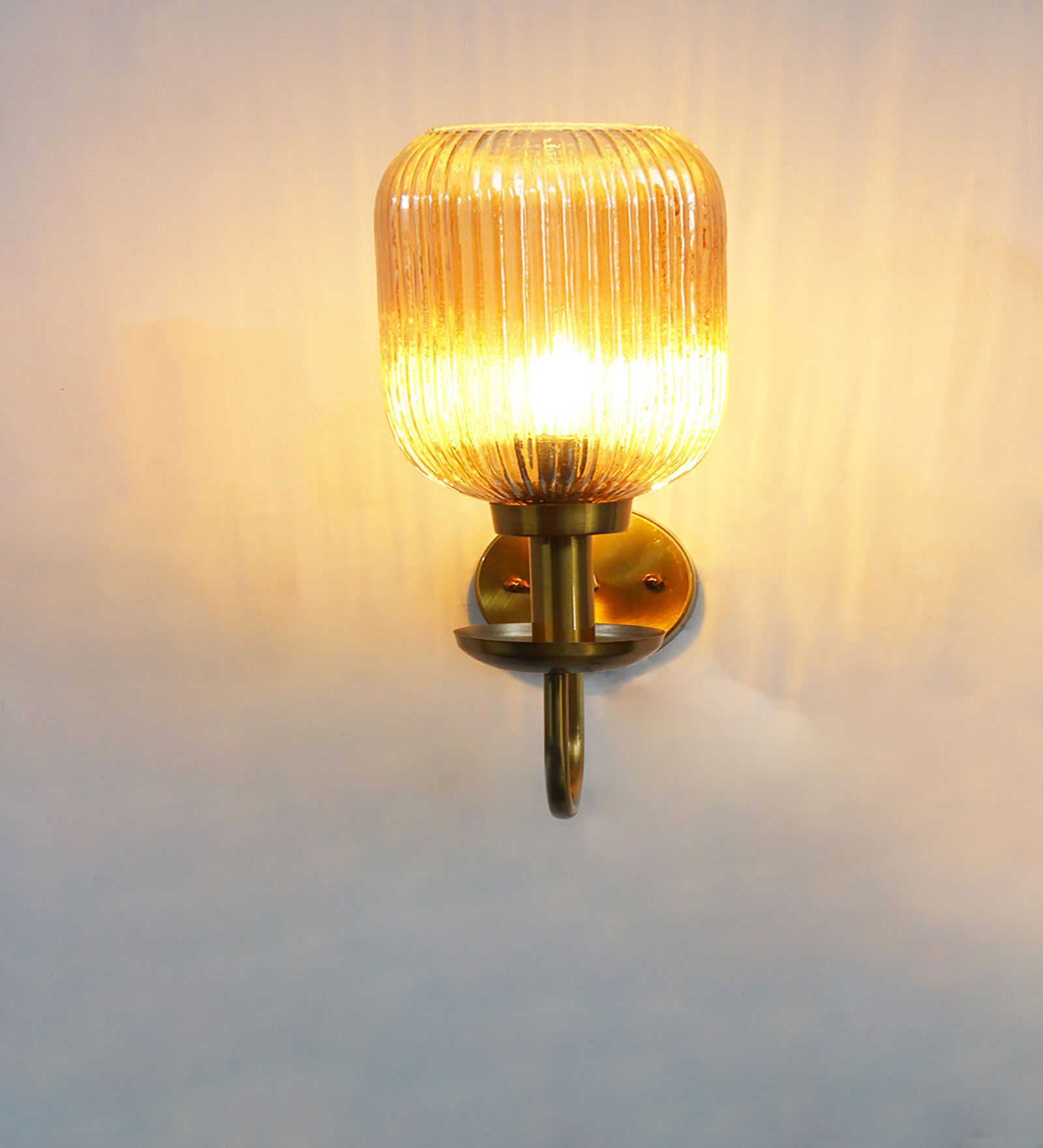 Ribbed Amber Glass Curved Arm Wall Lamp