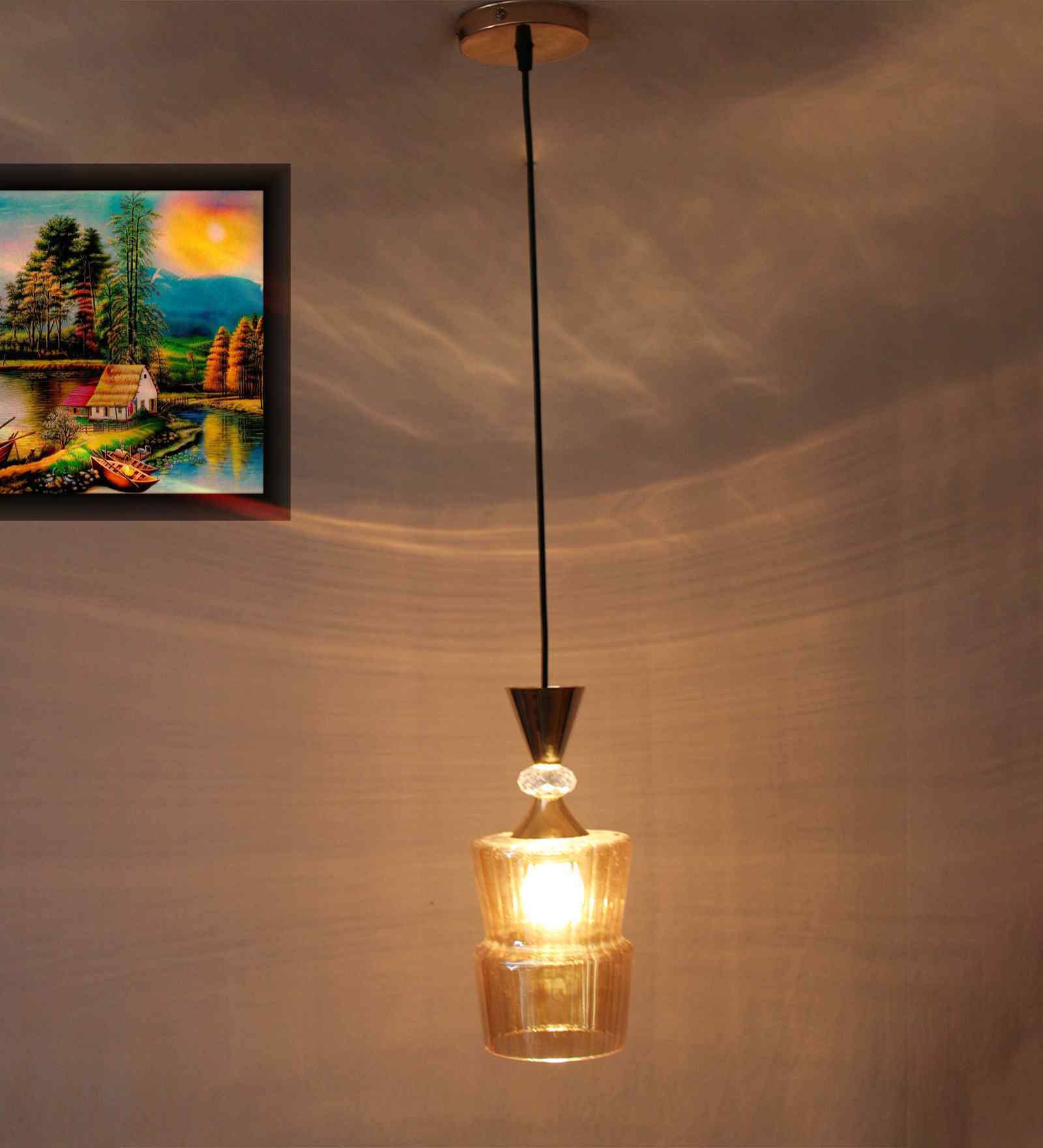 Ribbed Amber Glass Pendant Light Gold Finish