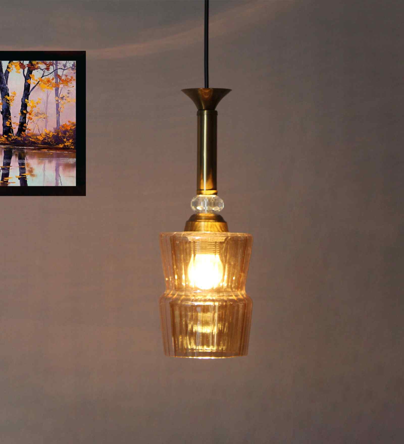 Ribbed Amber Glass Pendant Light