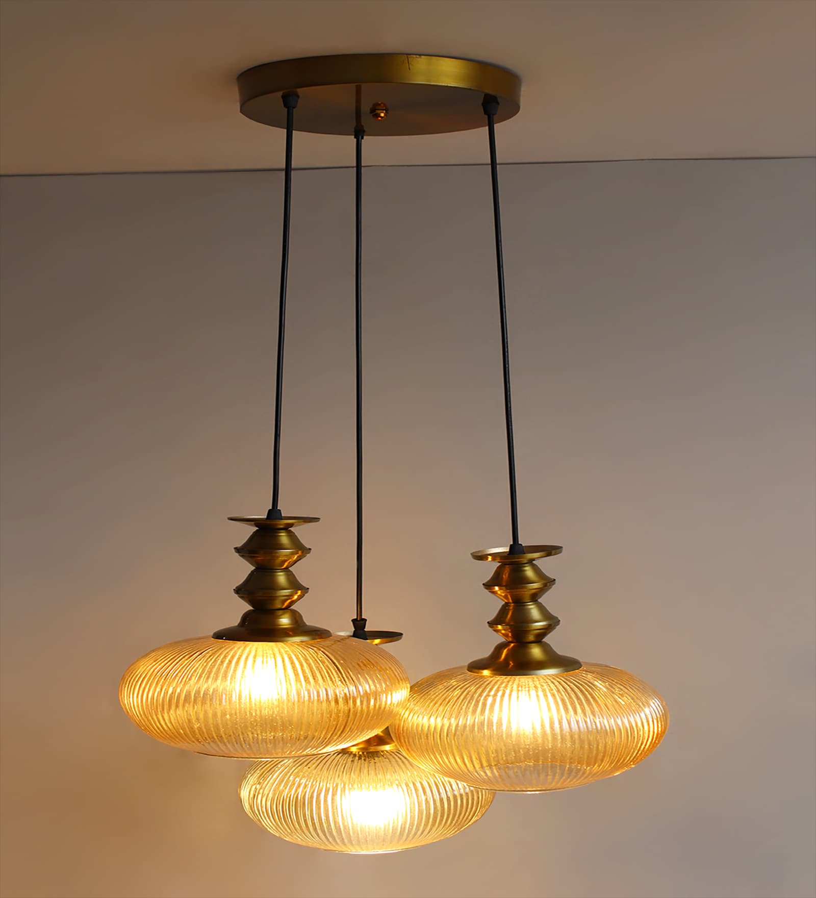 Ribbed Amber Kachori Glass Cluster Hanging Light