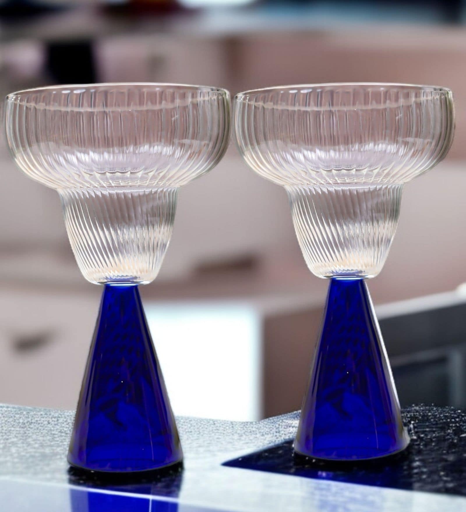 Ribbed Borosilicate Cocktail Glass Set of 2 with Blue Pyramid Base
