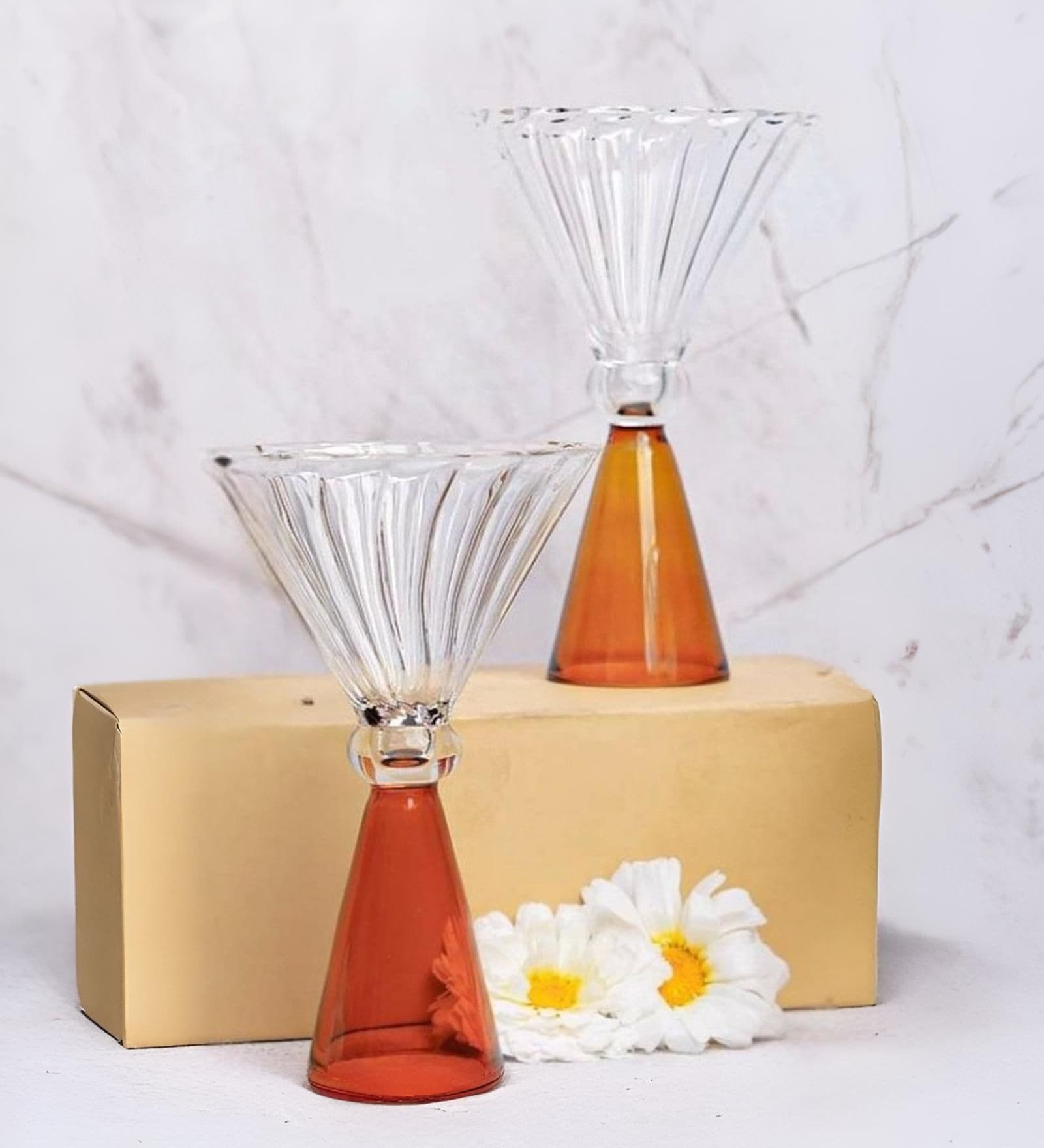 Ribbed Cocktail Borosilicate Glass with Pyramid Base Set of 2
