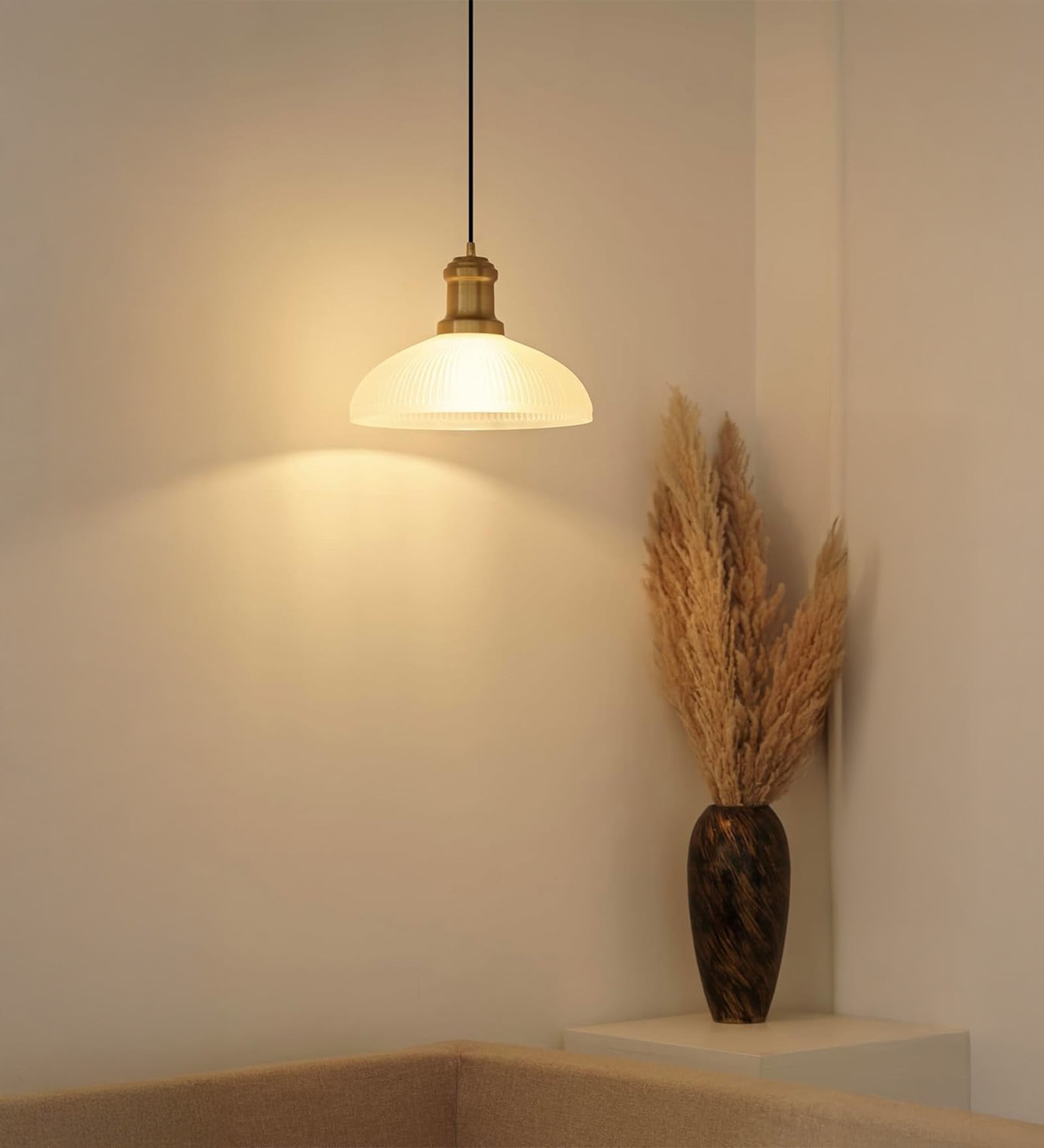 Ribbed Frosted Glass Pendant Light with Antique Brass Finish
