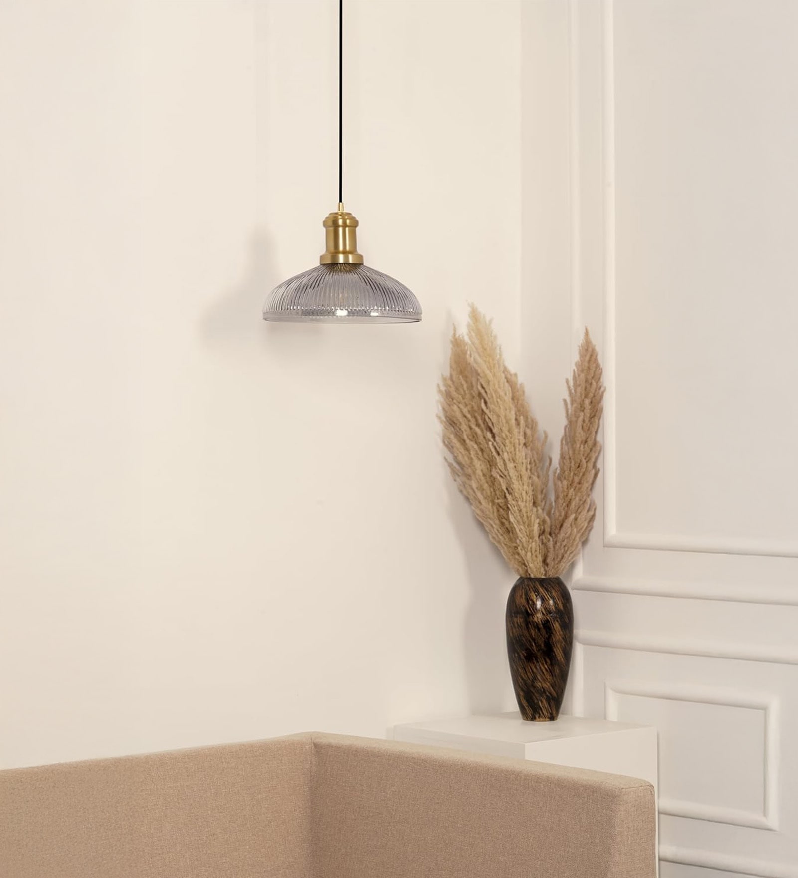 Ribbed Grey Luster Glass Pendant Light with Antique Brass Finish