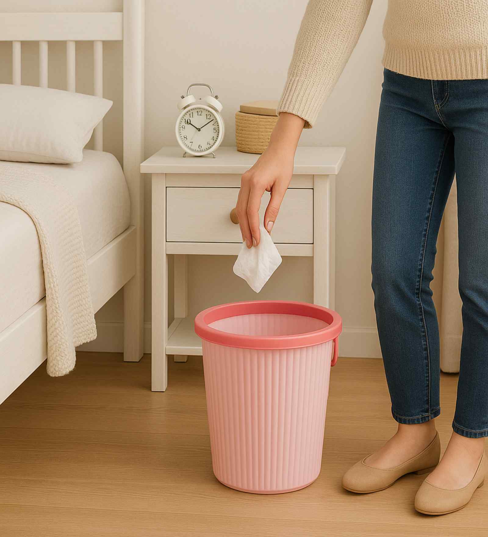 Pink Ribbed Plastic Dustbin